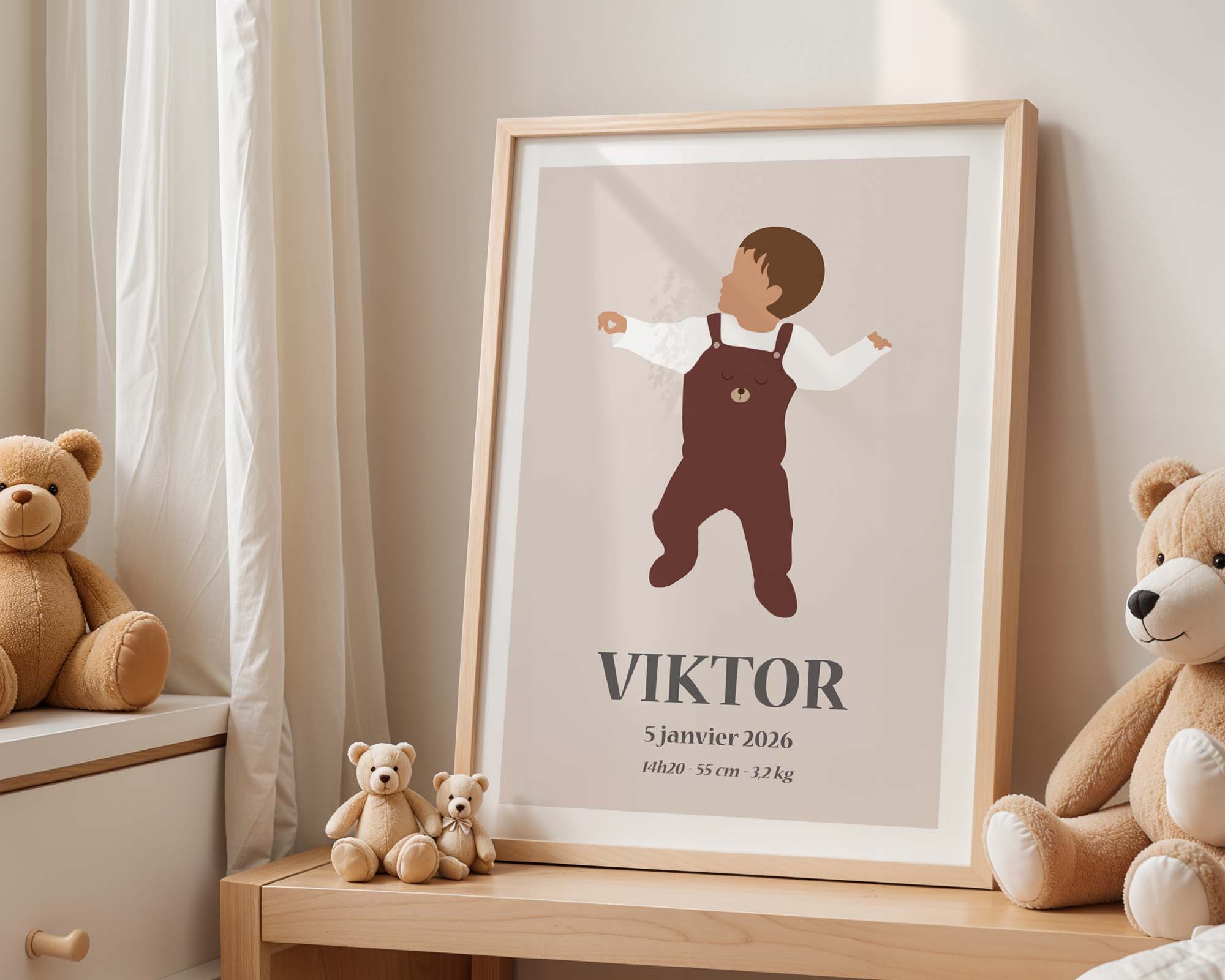 Affiche de naissance avec un bébé illustré et les détails de sa naissance comme date, poids et heure.