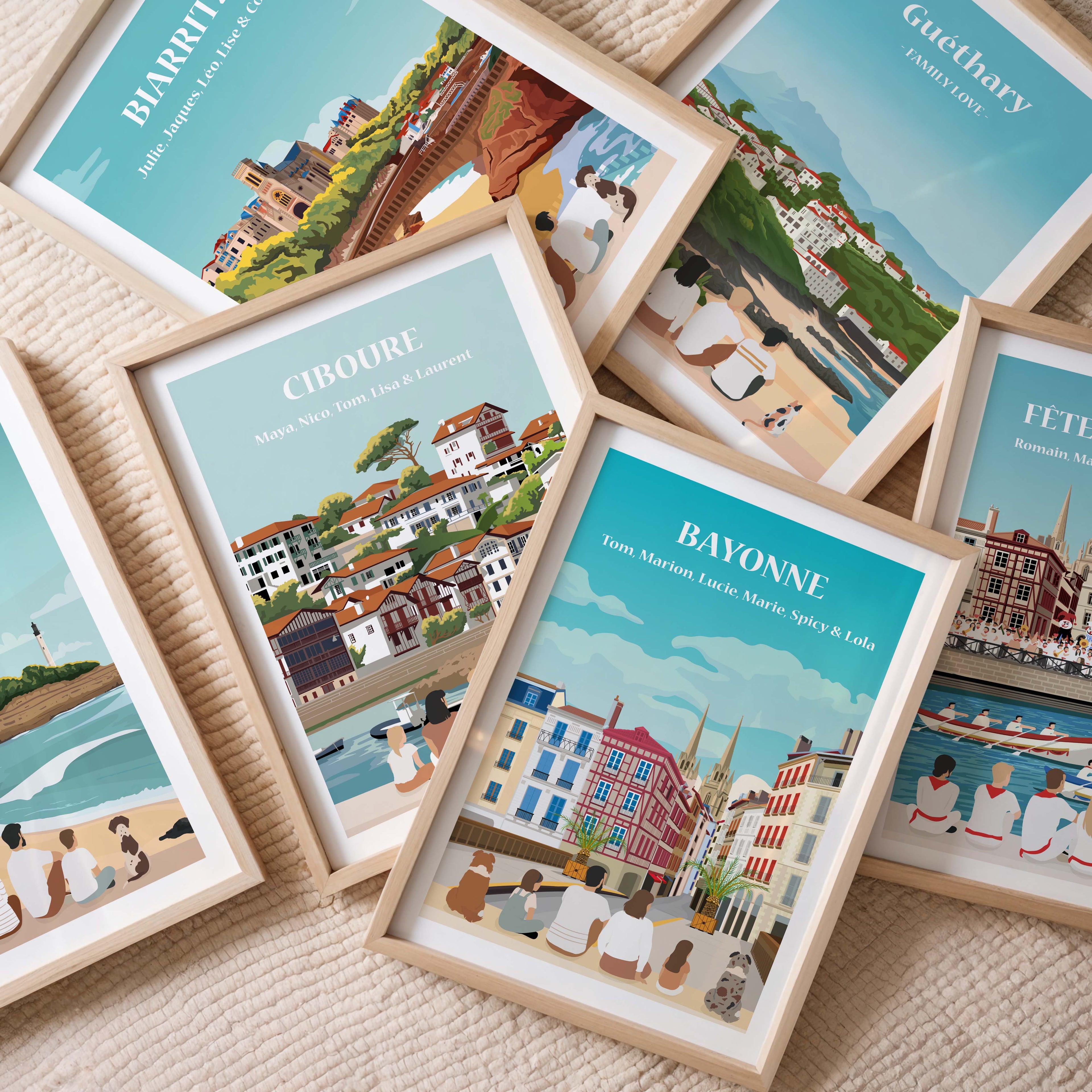 Une collection d'affiches encadrées du Pays Basque comme Bayonne, Biarritz et Ciboure. 