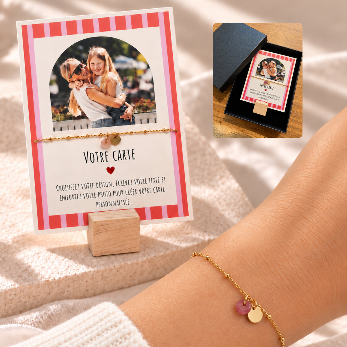 Bracelet Doré Pierre Colorée avec Carte Photo & Message Personnalisée