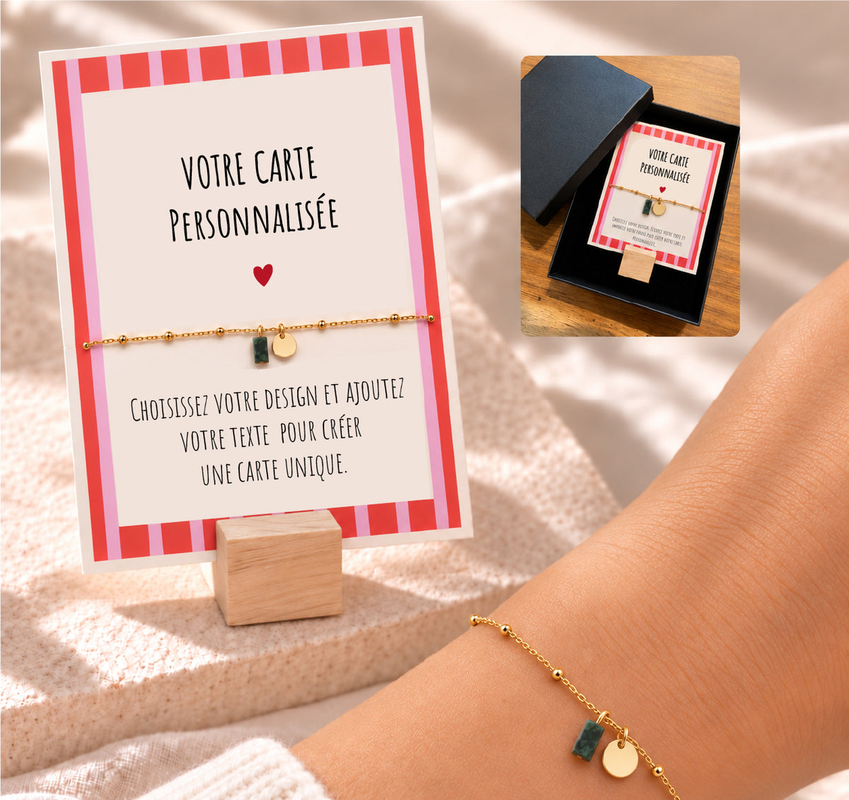Bracelet Doré Pierre Colorée avec Carte Message Personnalisée