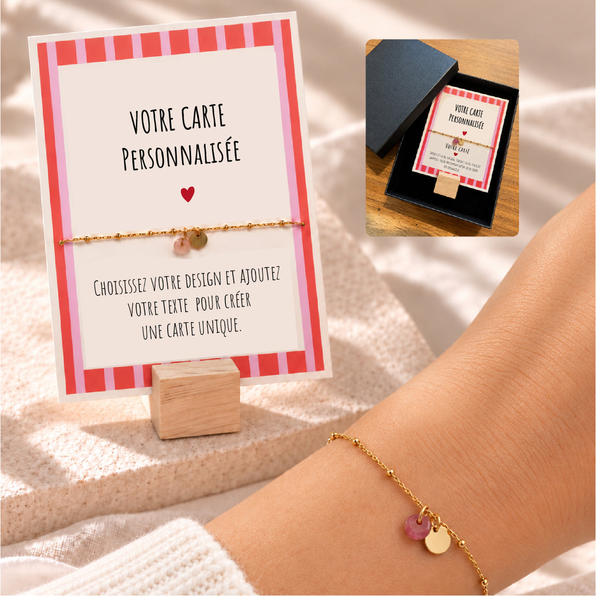 Bracelet Doré Pierre Colorée avec Carte Message Personnalisée