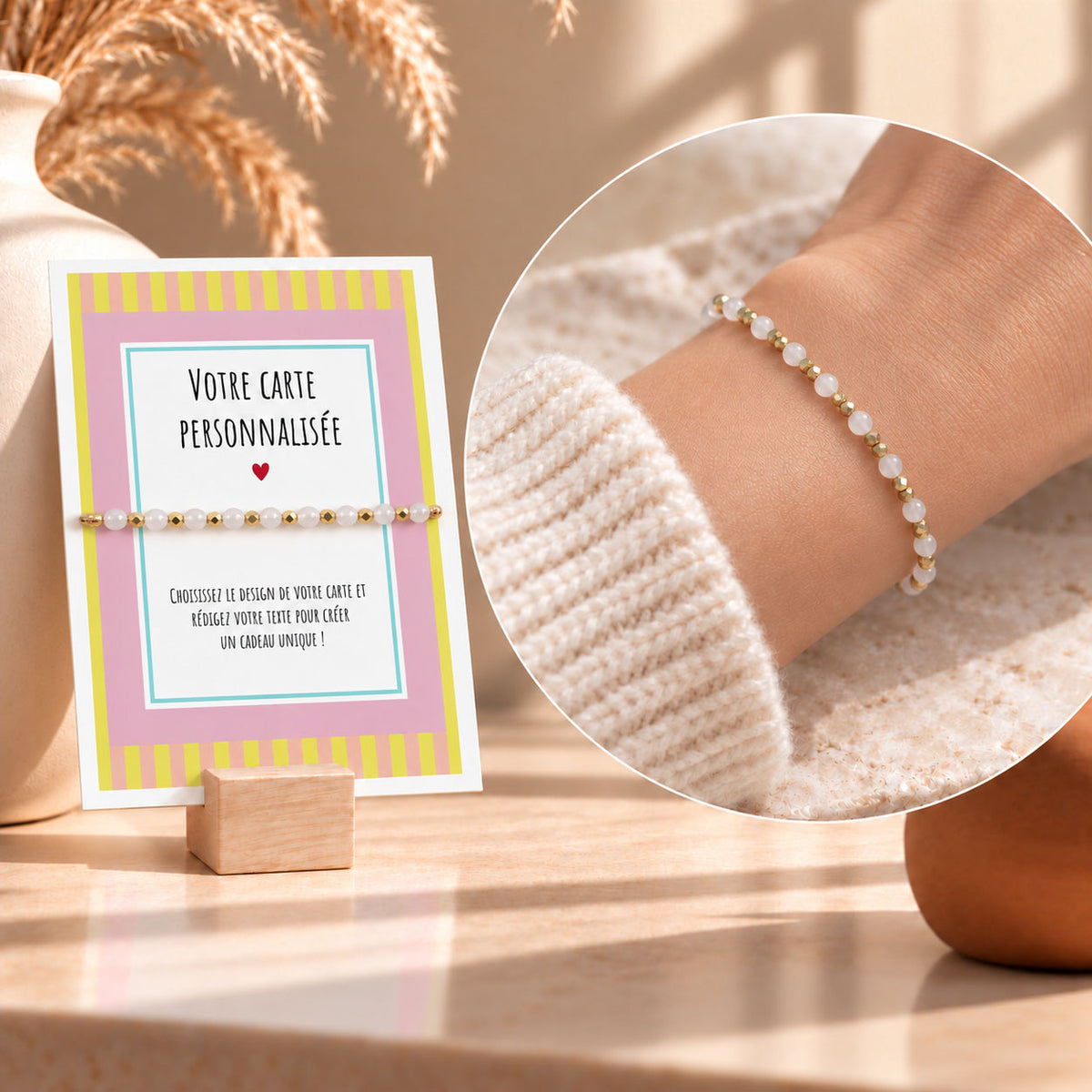 Bracelet en Pierres Naturelles et Carte Personnalisée avec photo