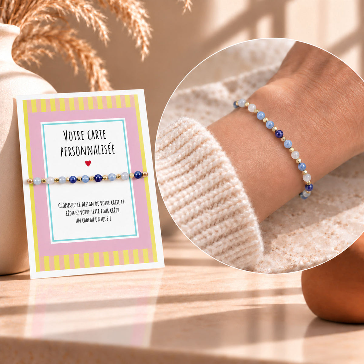 Bracelet en Pierres Naturelles et Carte Personnalisée avec photo