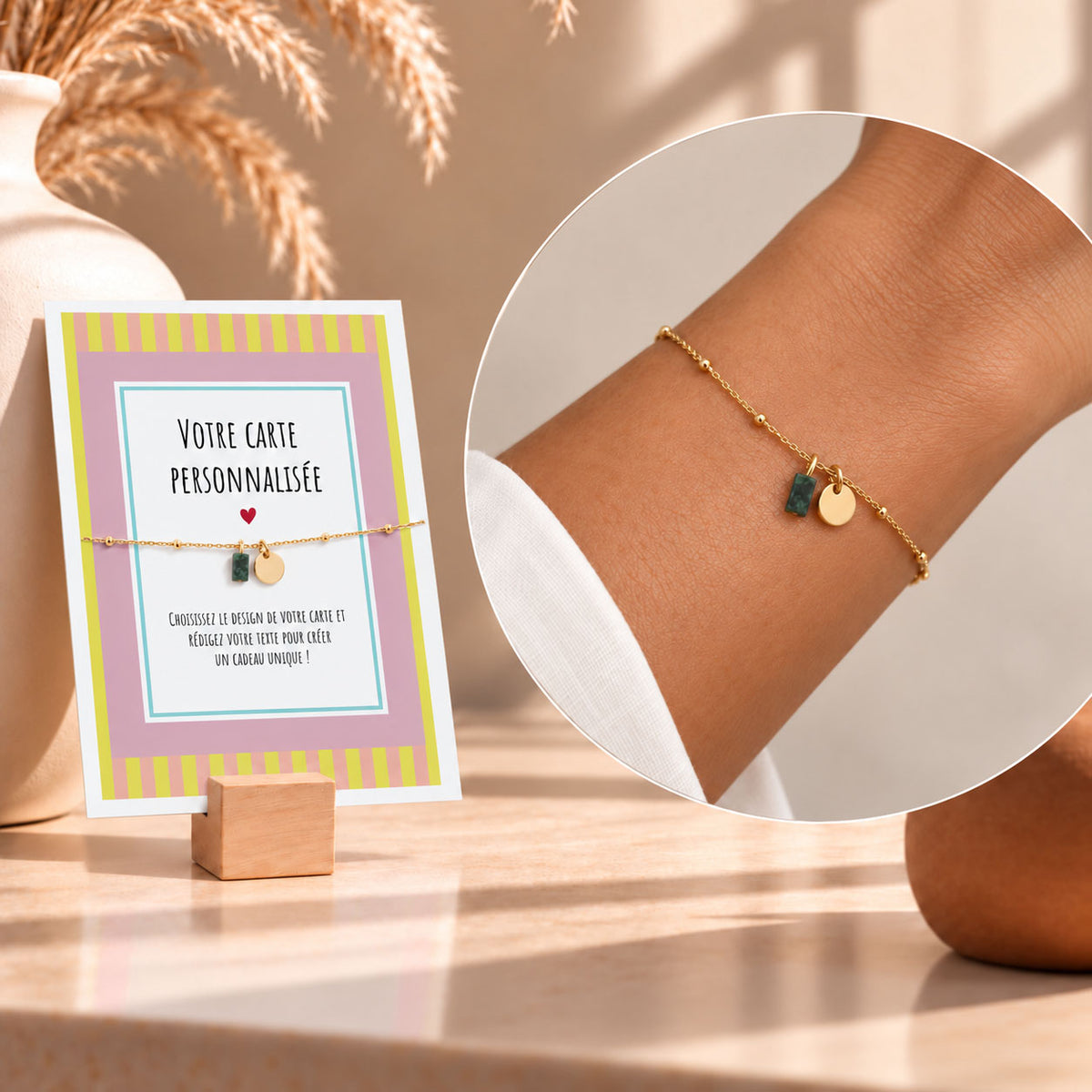 Bracelet Doré Pierre Colorée avec Carte Message Personnalisée
