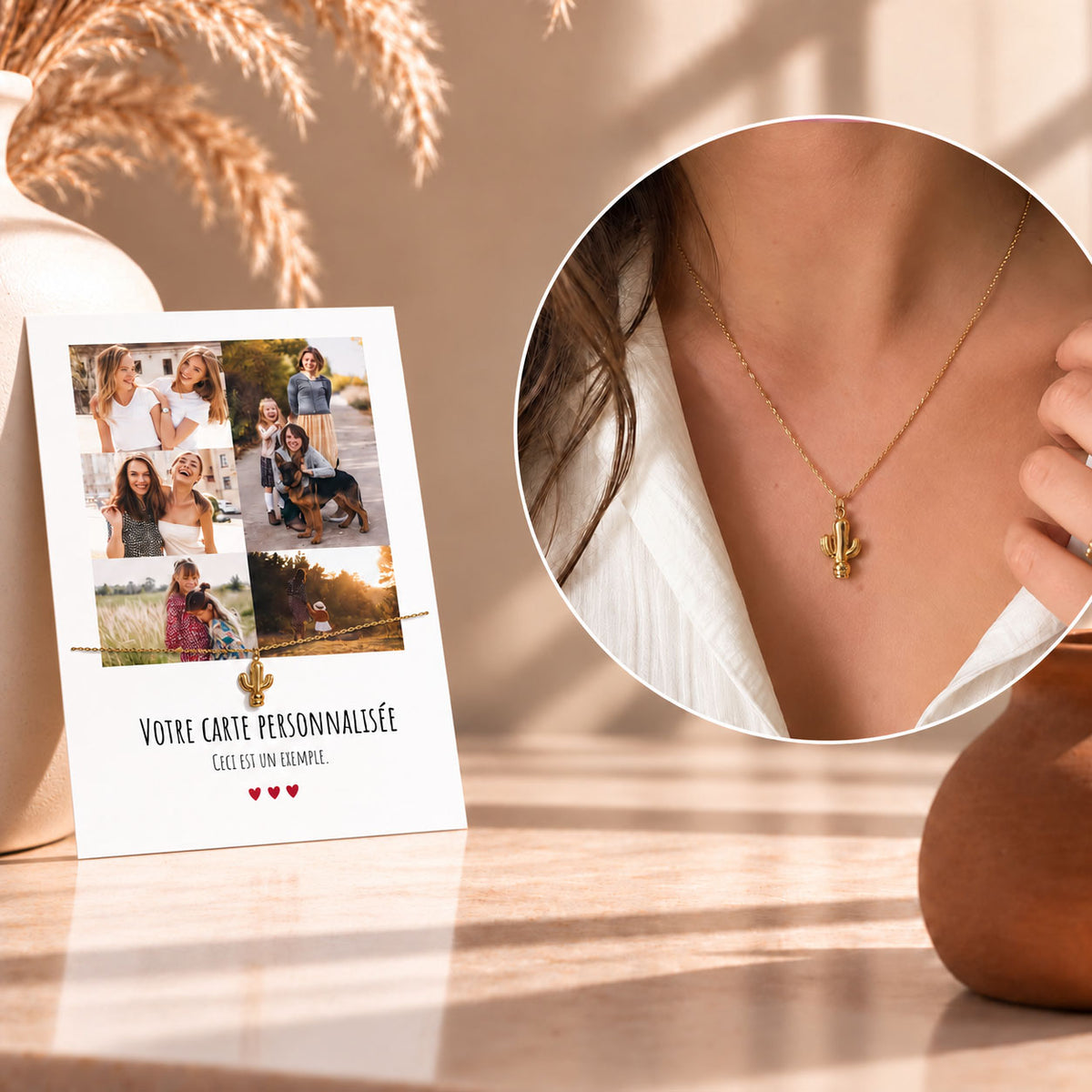 Collier Cactus avec Carte Photo Collage - Acier Inoxidable
