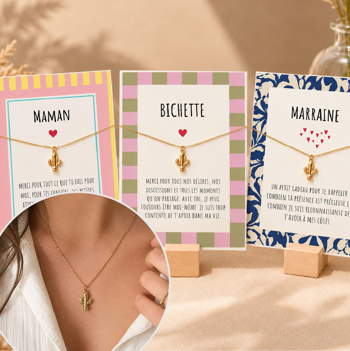 Collier Cactus en Acier Inoxidable avec Carte Personnalisée