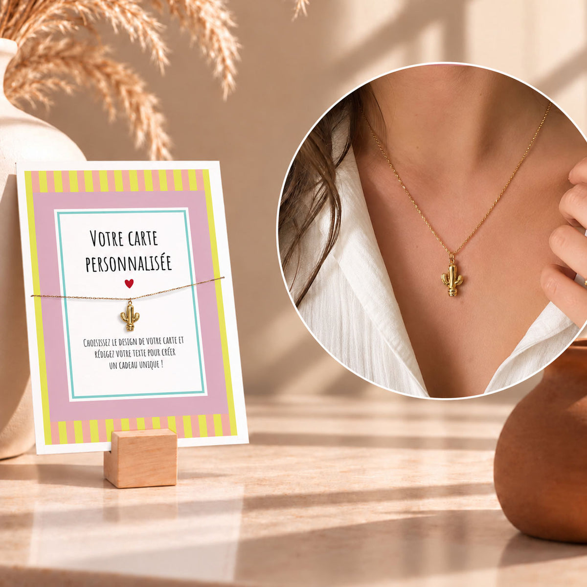 Collier Cactus en Acier Inoxidable avec Carte Personnalisée