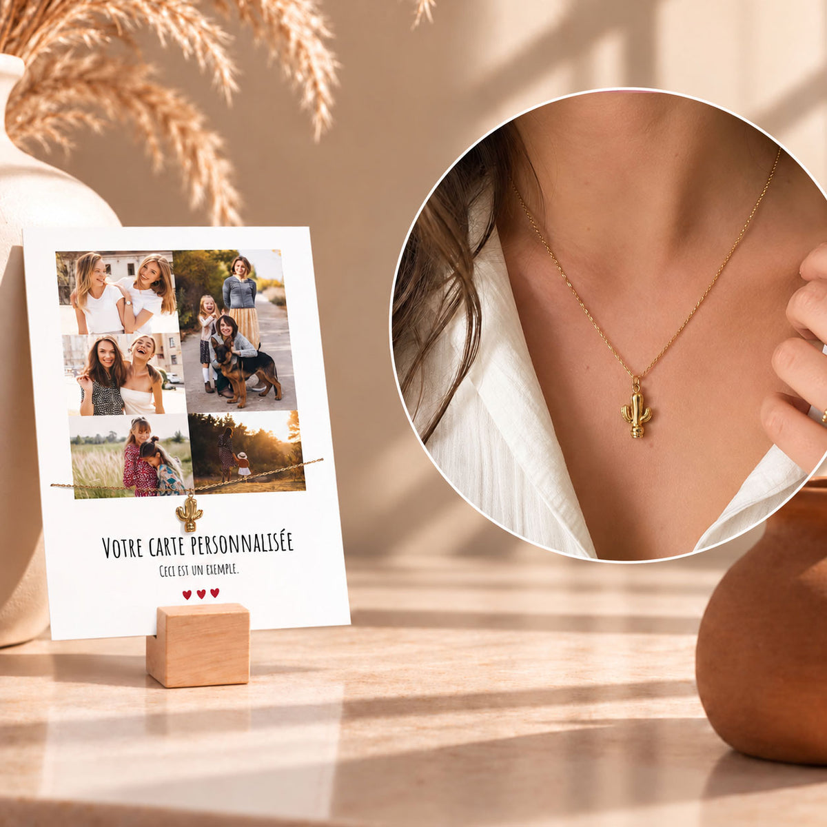 Collier Cactus avec Carte Photo Collage - Acier Inoxidable