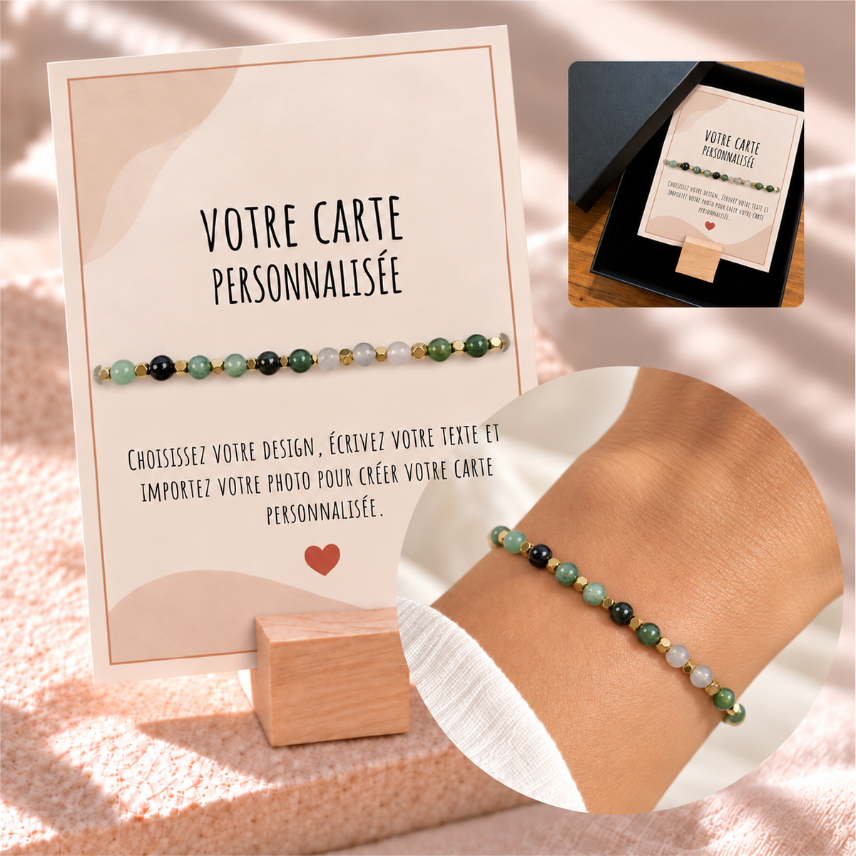 Bracelet en Pierres Naturelles et Carte Personnalisée avec photo