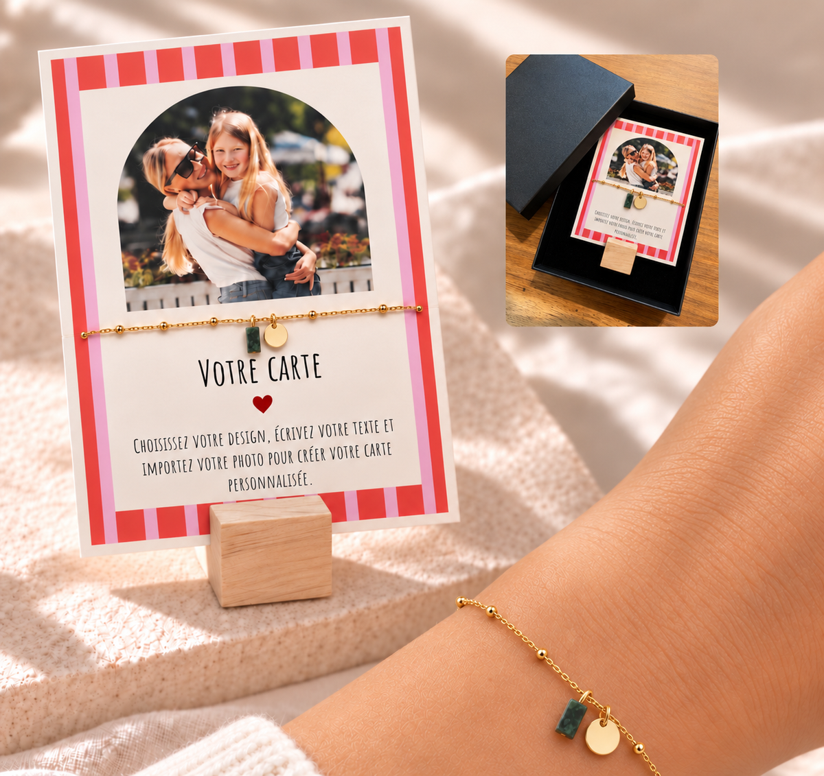 Bracelet Doré Pierre Colorée avec Carte Photo & Message Personnalisée