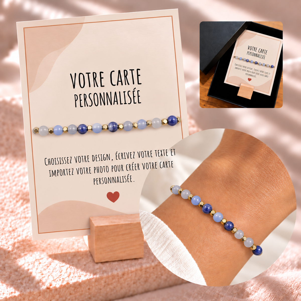 Bracelet en Pierres Naturelles et Carte Personnalisée avec photo