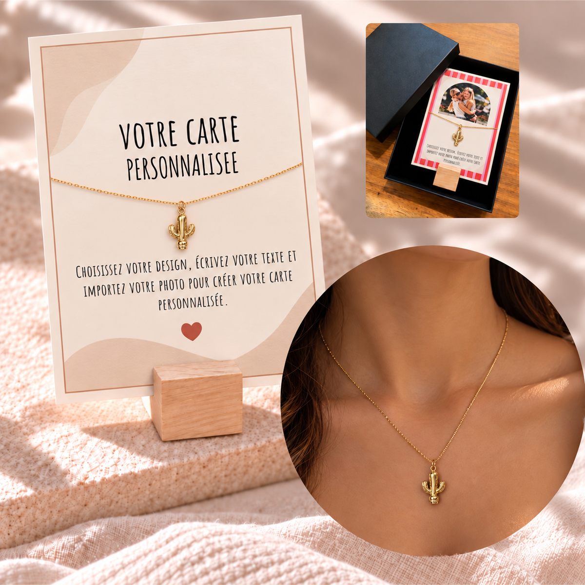 Collier Cactus avec Carte Photo & Message Personnalisée