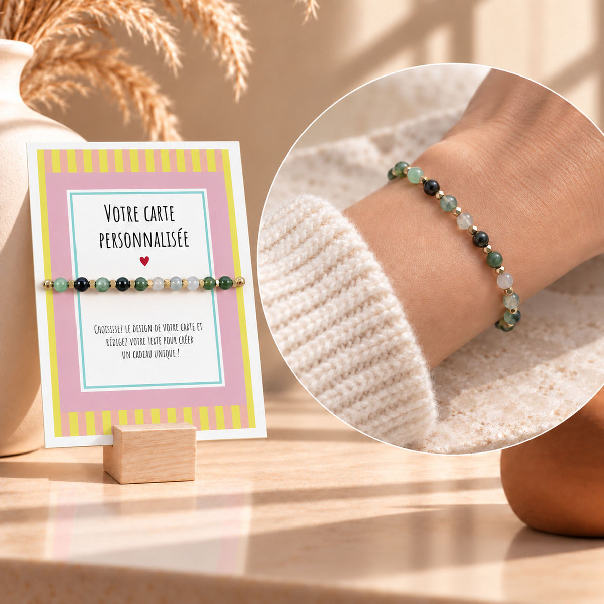 Bracelet en Pierres Naturelles et Carte Personnalisée avec photo