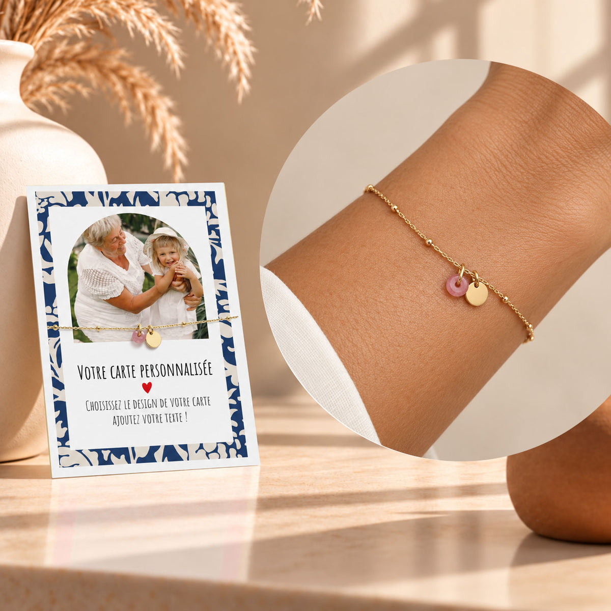 Bracelet Doré Pierre Colorée avec Carte Photo & Message Personnalisée