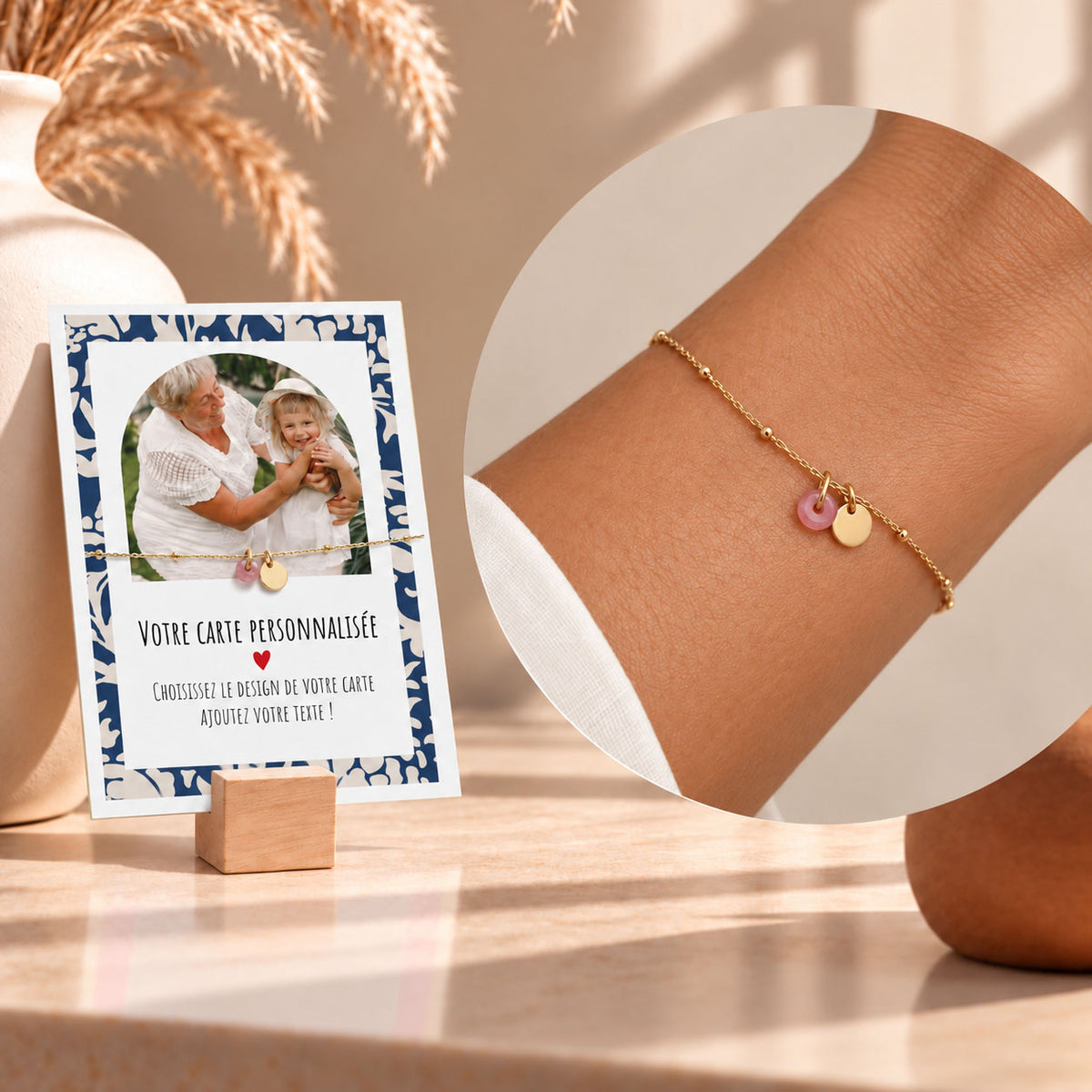 Bracelet Doré Pierre Colorée avec Carte Photo & Message Personnalisée