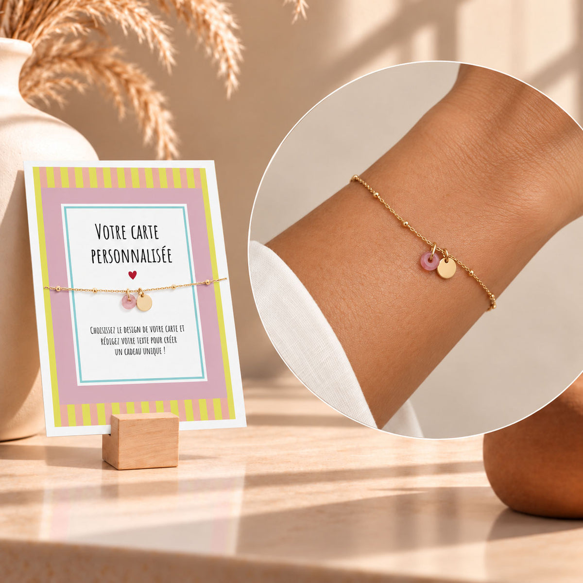 Bracelet Doré Pierre Colorée avec Carte Message Personnalisée