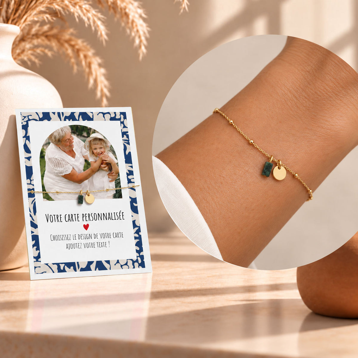Bracelet Doré Pierre Colorée avec Carte Photo & Message Personnalisée