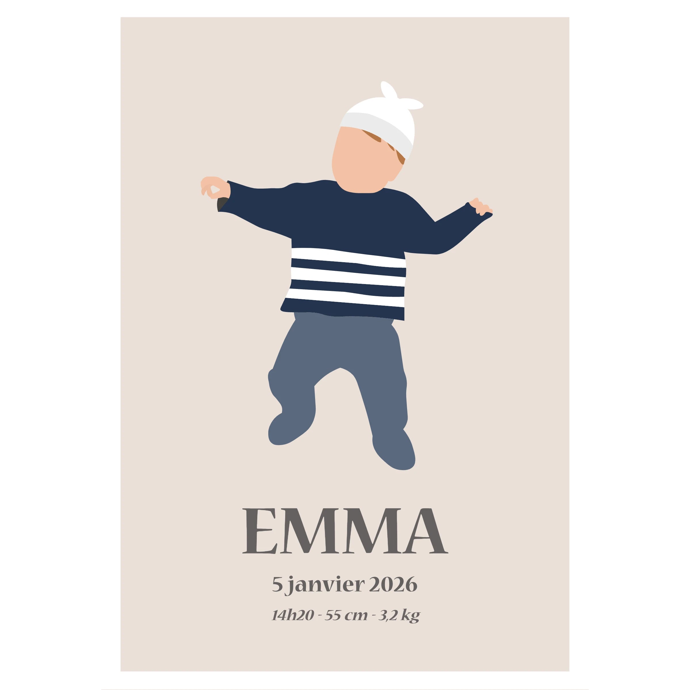 Affiche de naissance personnalisée avec illustration d’un bébé et les informations de sa naissance : prénom, date, poids (et autres détails au choix).