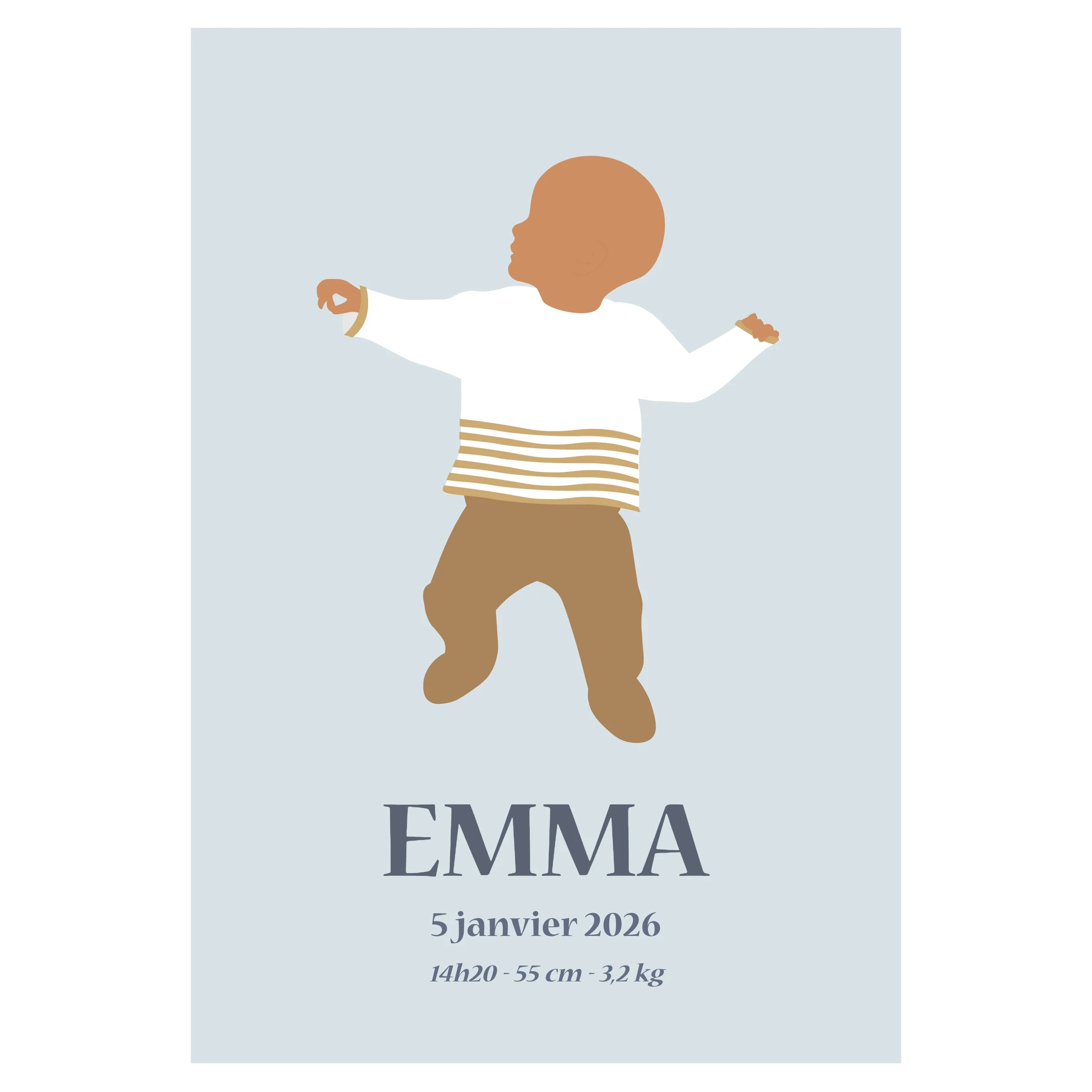 Affiche de naissance personnalisée avec illustration d’un bébé et les informations de sa naissance : prénom, date, poids (et autres détails au choix).