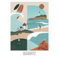 Affiche illustrée avec des éléments typiques de Biarritz comme le surf, la vierge et le phare. 