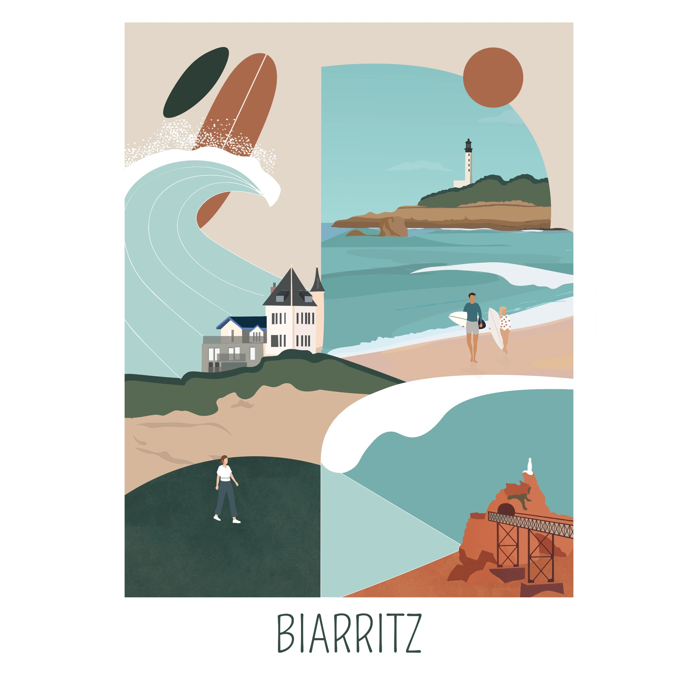 Affiche illustrée avec des éléments typiques de Biarritz comme le surf, la vierge et le phare. 