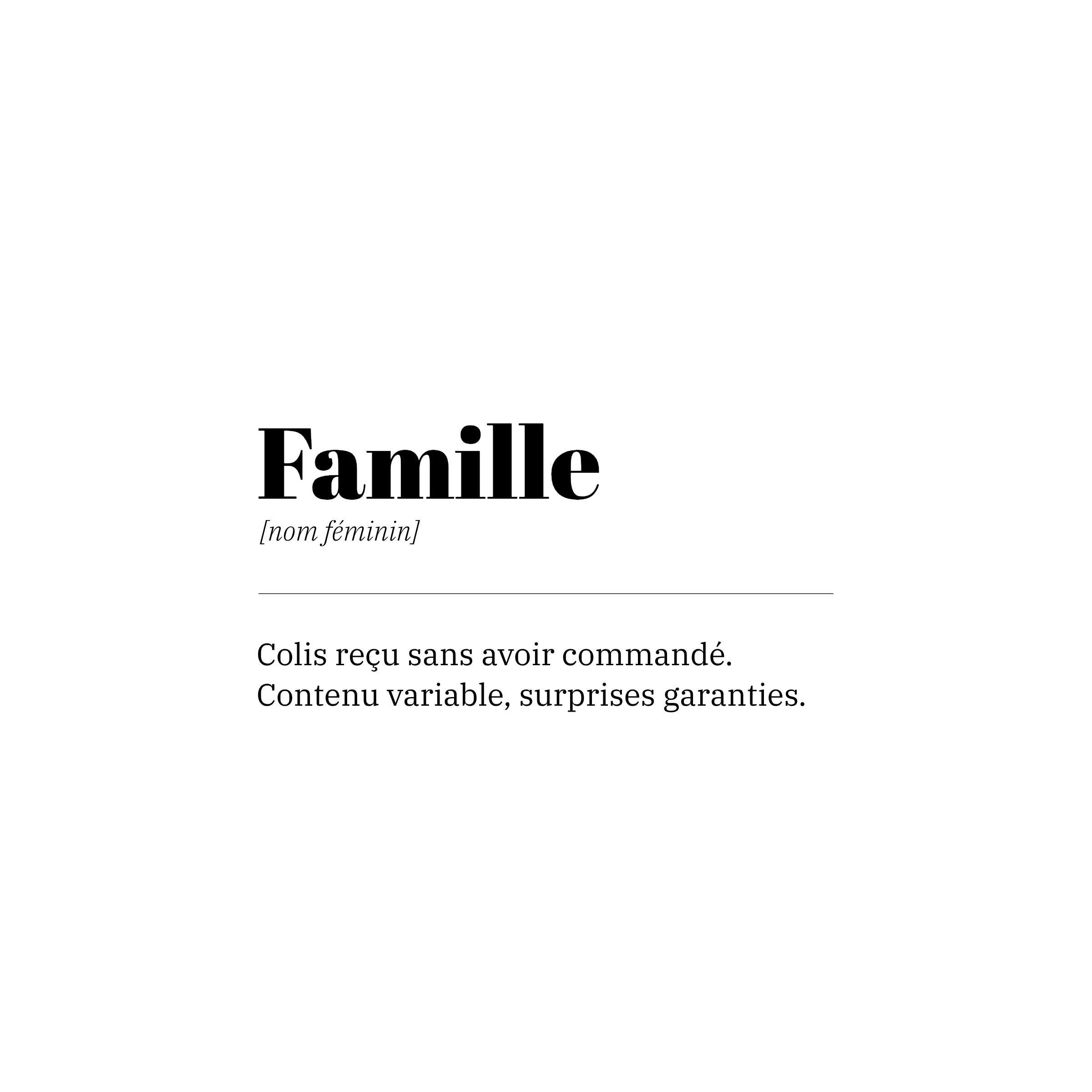 Affiche humoristique avec définition du mot famille : Colis reçu sans avoir commandé. Contenu variable, surprises garanties.