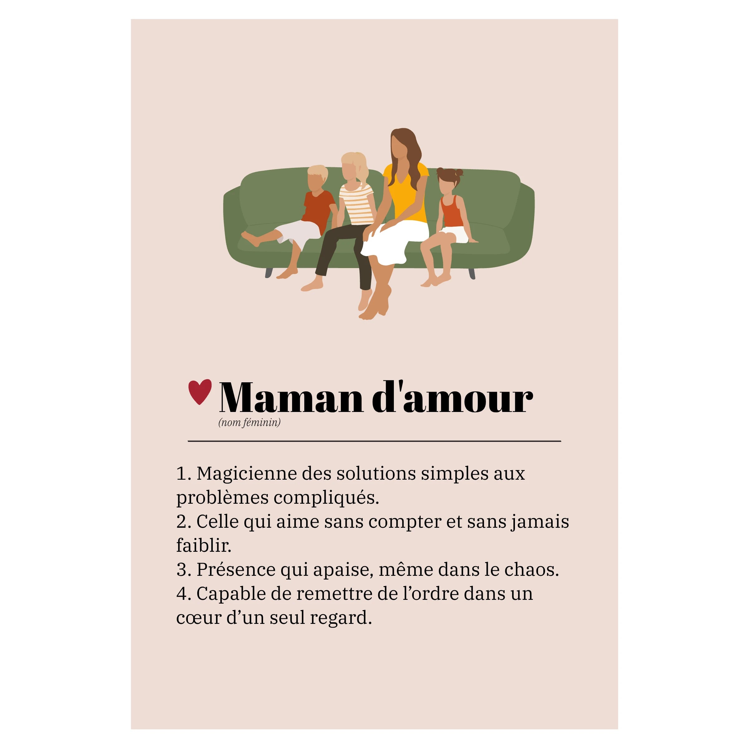 Affiche Défintion du mot Maman avec illustration d'une famille sur un canapé.