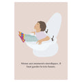 Affiche humoristique, une illustration qui montre un jeune enfant coincé dans des toilettes avec une expression de détresse et un texte humoristique accompagne l’image.