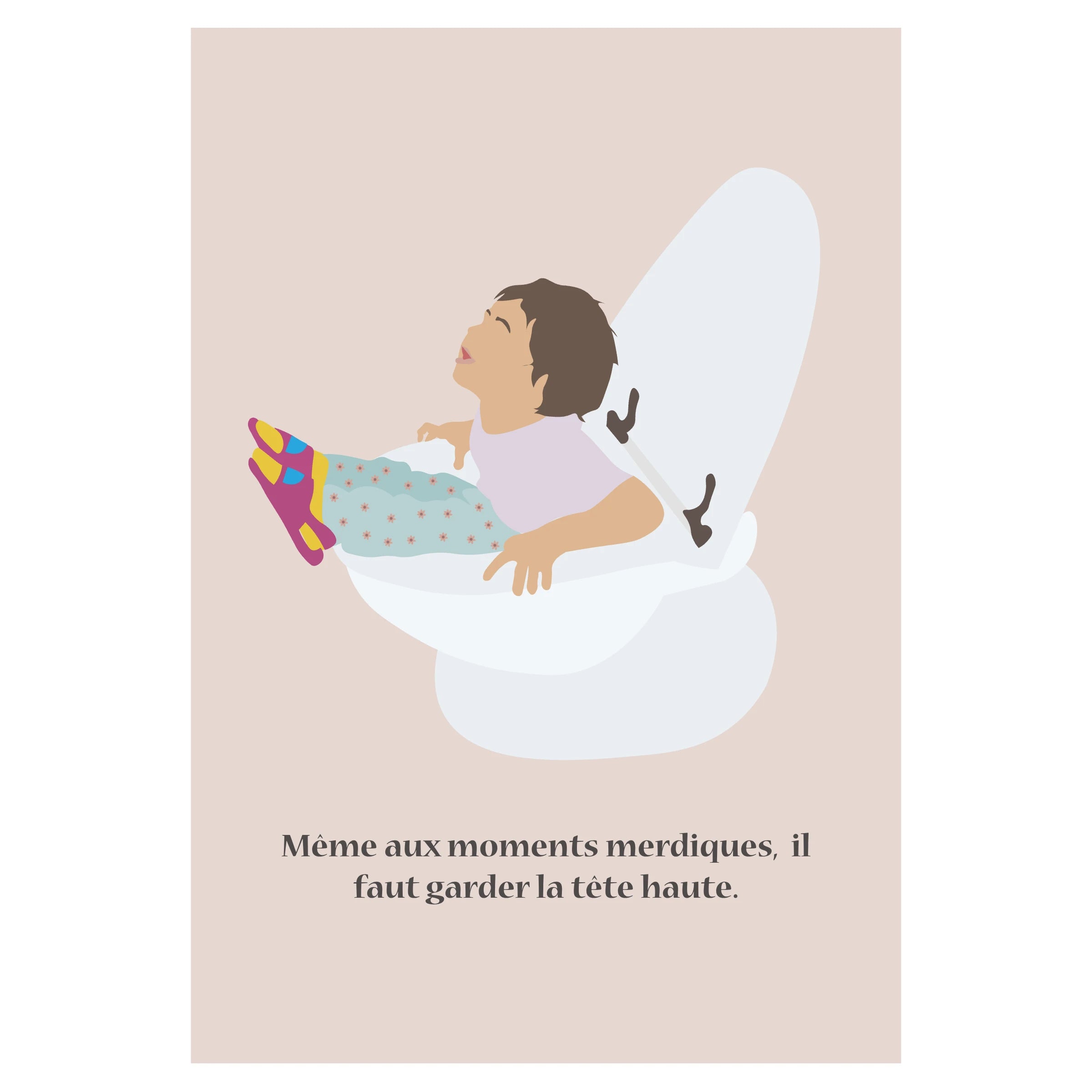 Affiche humoristique, une illustration qui montre un jeune enfant coincé dans des toilettes avec une expression de détresse et un texte humoristique accompagne l’image.