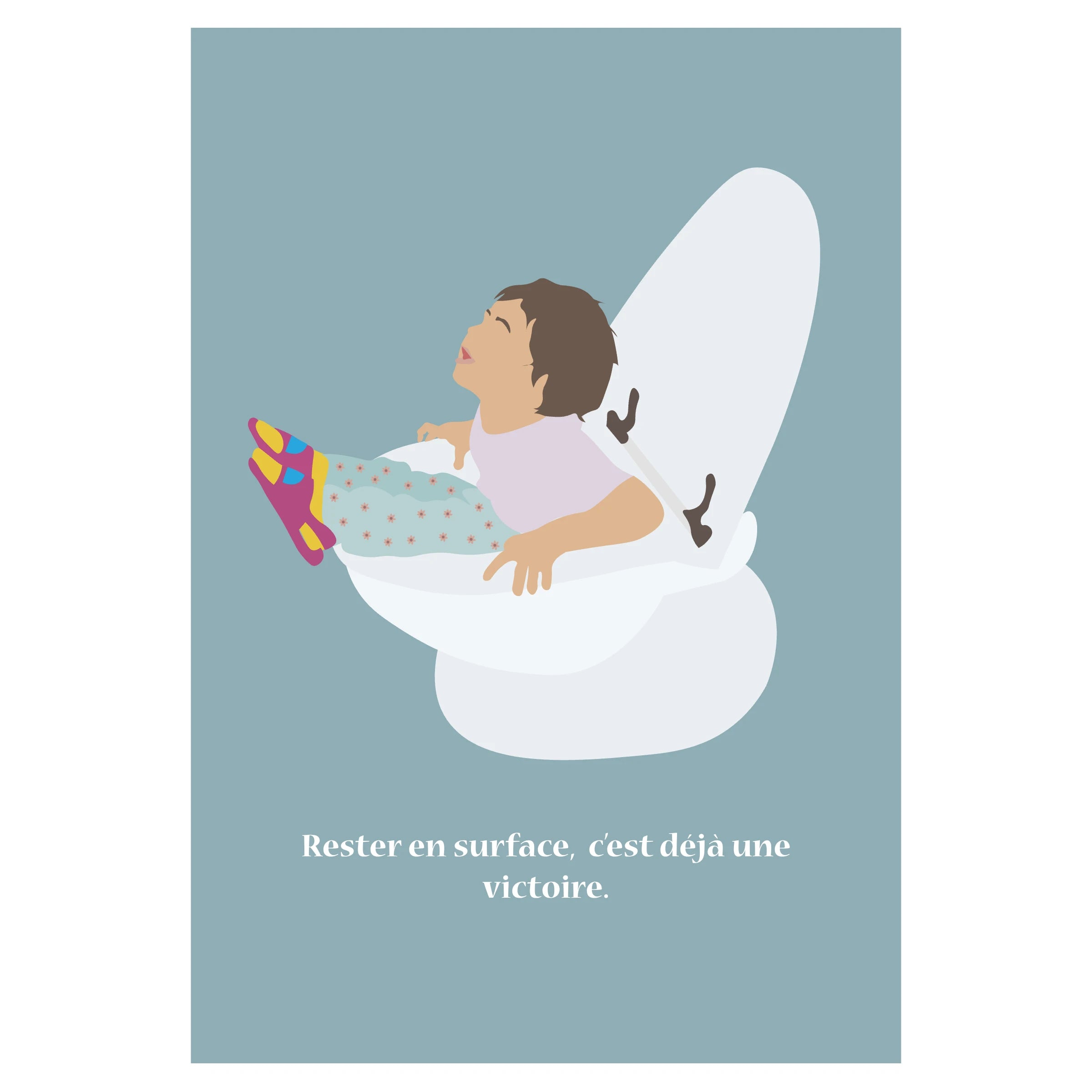 Affiche humoristique, une illustration qui montre un jeune enfant coincé dans des toilettes avec une expression de détresse et un texte humoristique accompagne l’image.