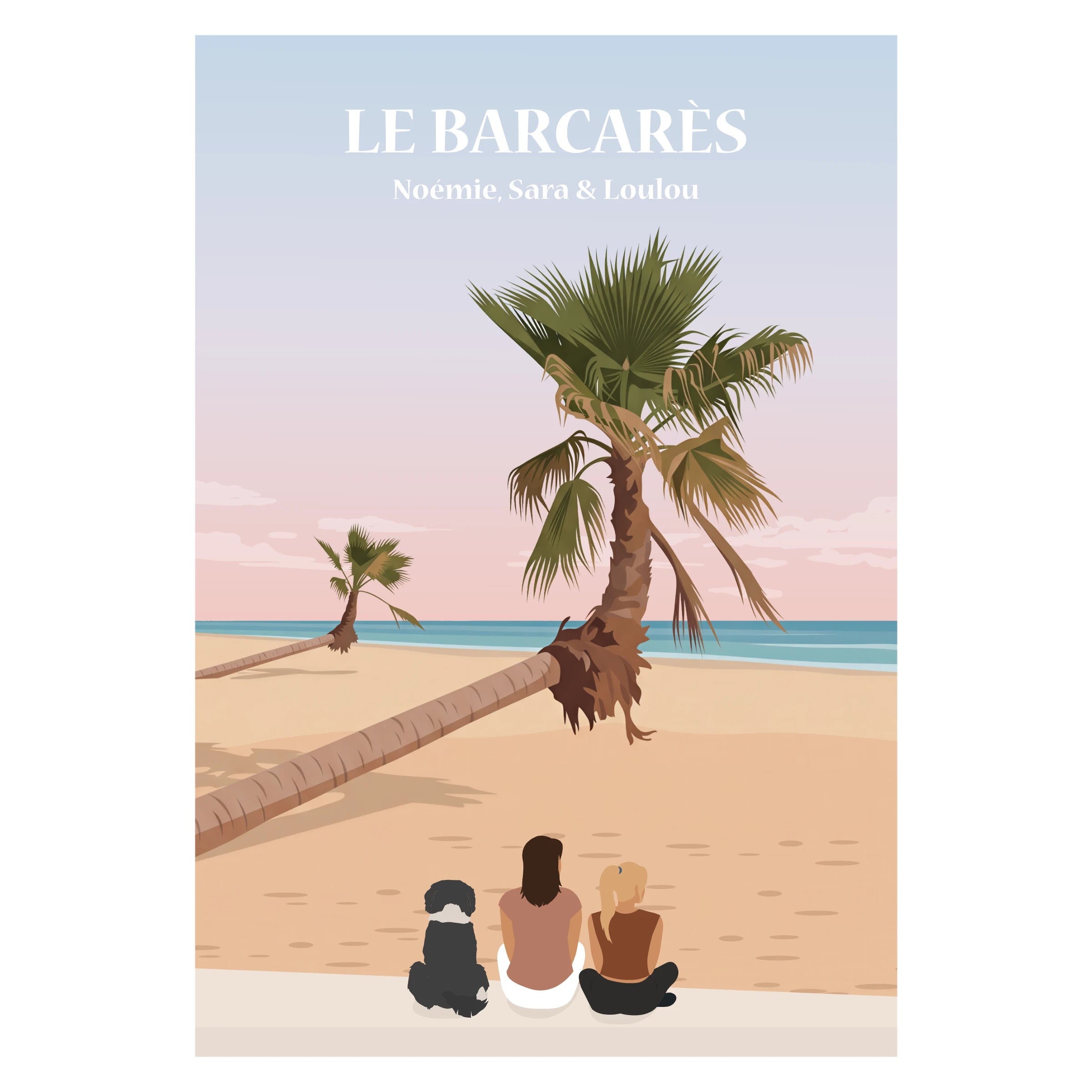 Affiche illustrée d'une petite famille assise à la plage de Barcarès.