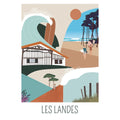 Affiche colorée avec des pins, des vagues et une maison typique des Landes.