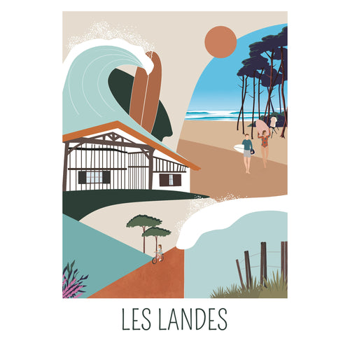 Affiche colorée avec des pins, des vagues et une maison typique des Landes.