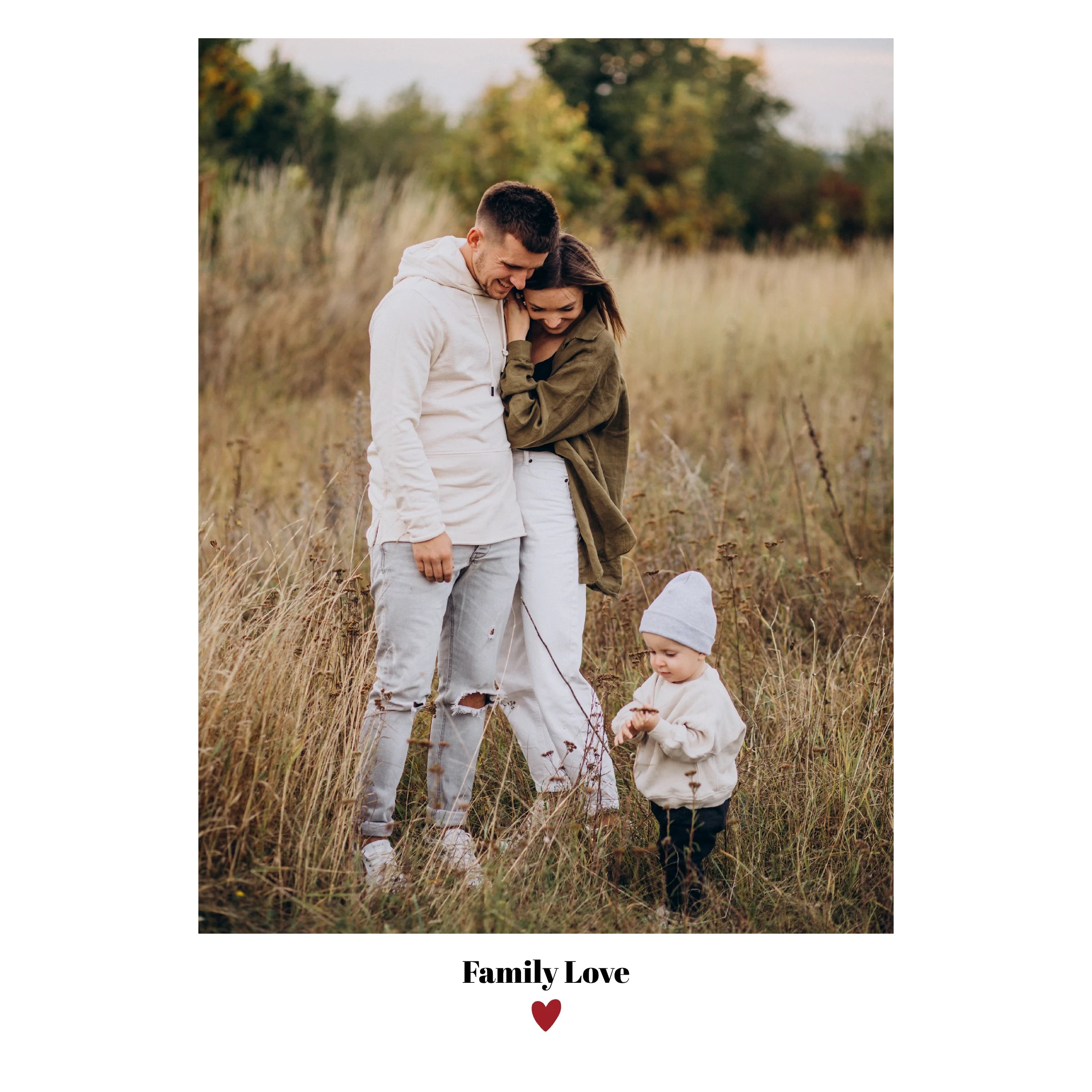 Affiche avec une grande photo, un texte et un petit cœur. 
