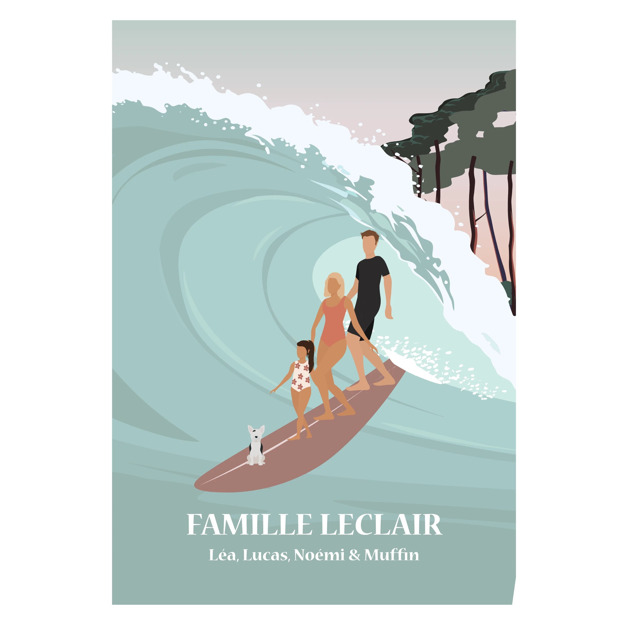 Affiche illustrée d'une famille faisant du tandem Surf. 