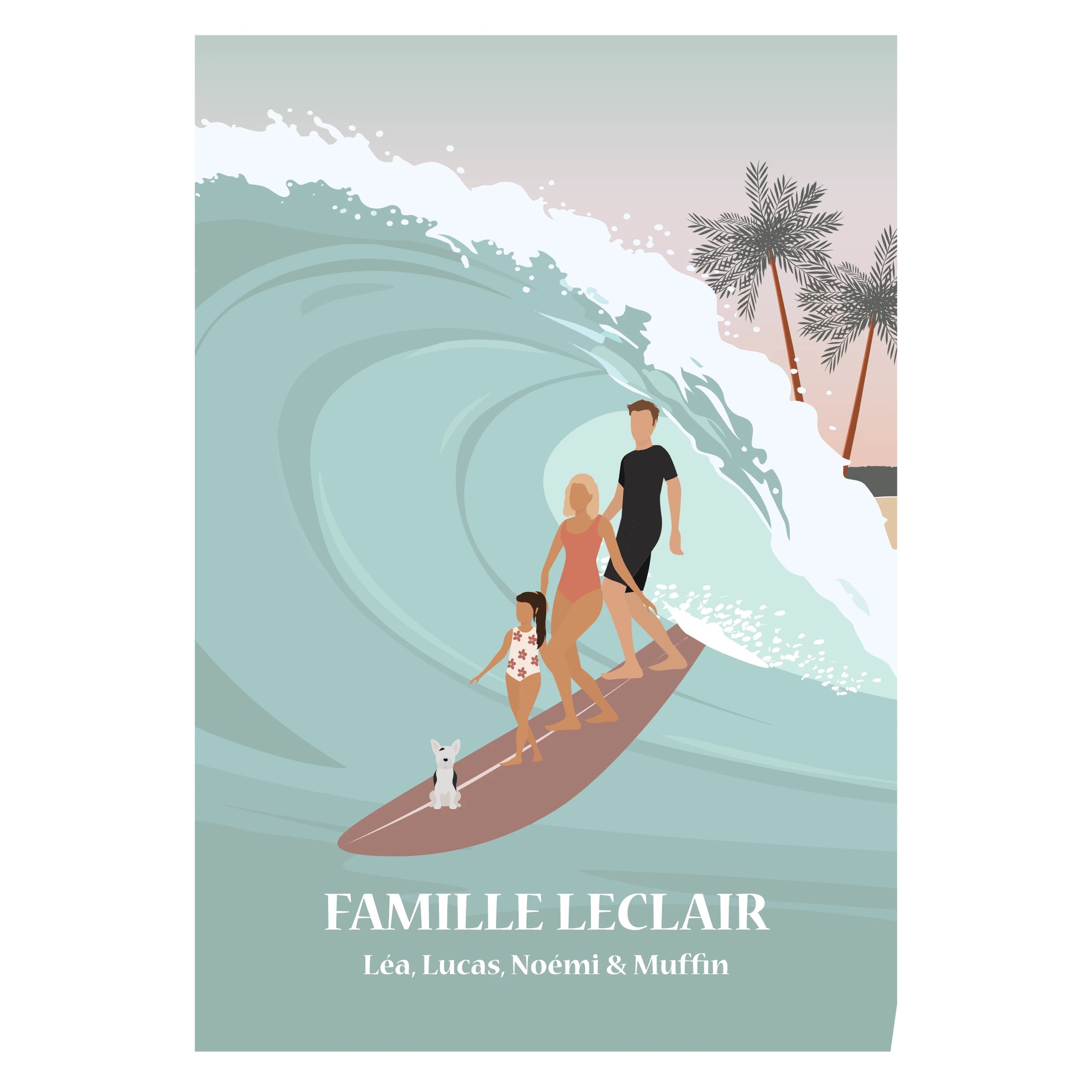 Affiche illustrée d'une famille faisant du tandem Surf. 