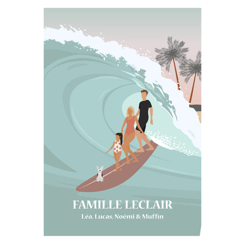 Affiche illustrée d'une famille faisant du tandem Surf. 