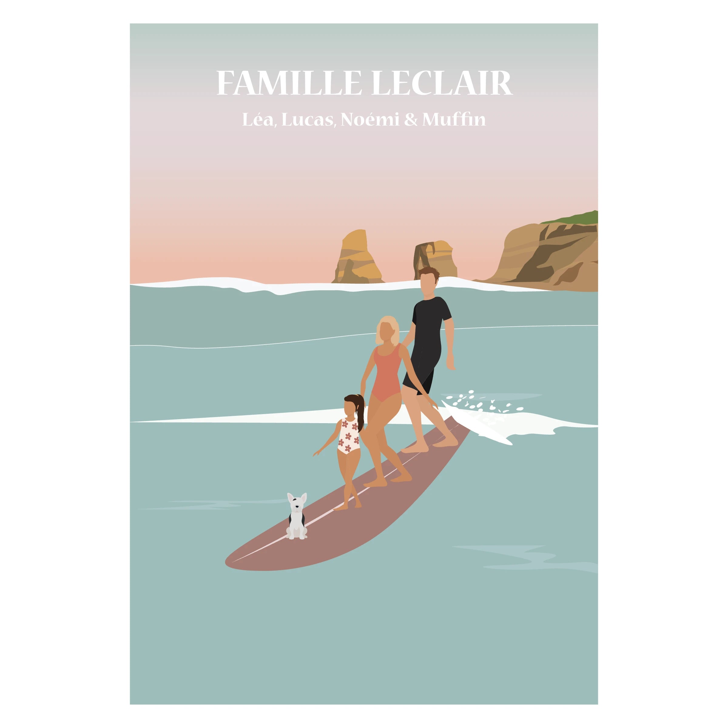 Affiche illustrée d'une famille faisant du tandem Surf. 