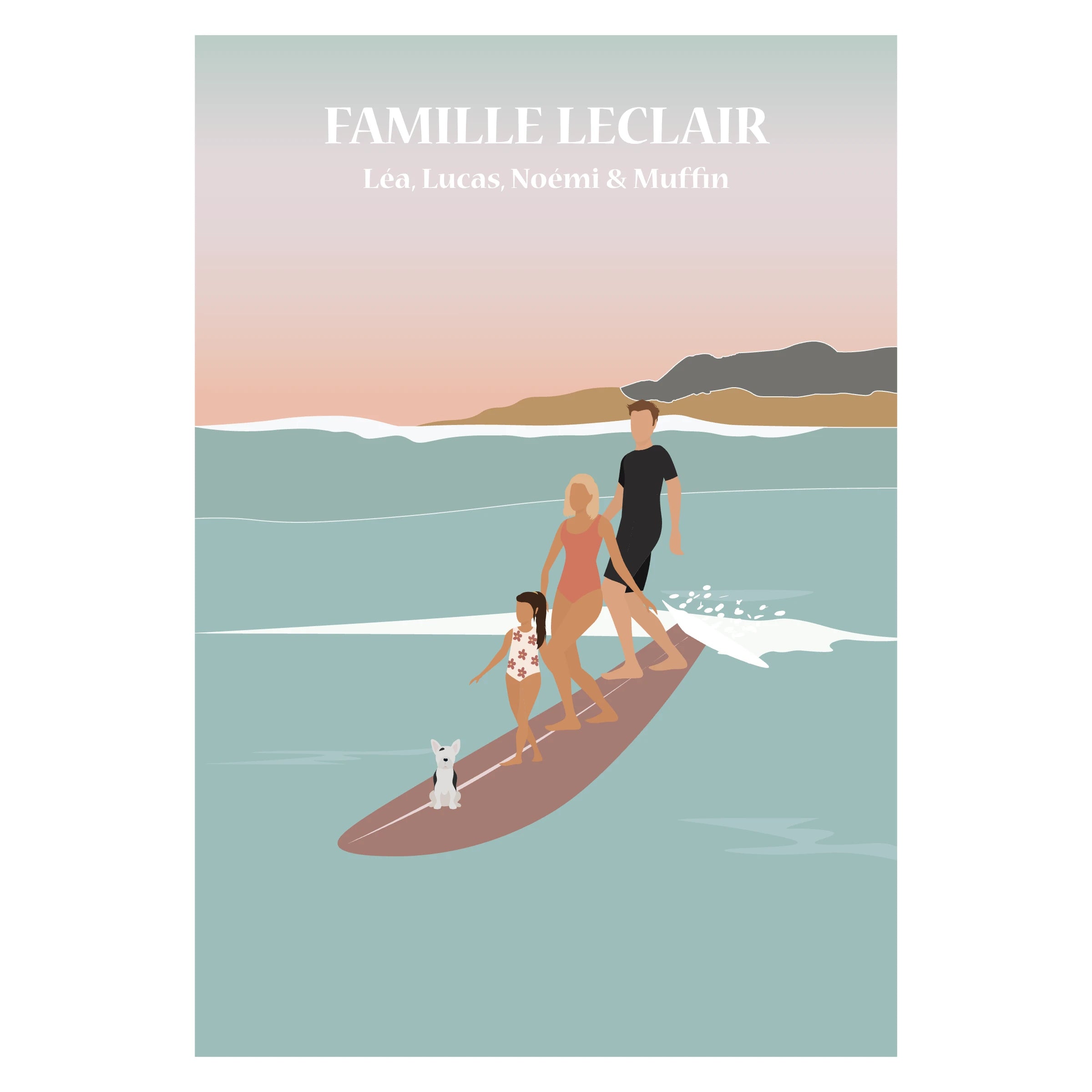Affiche illustrée d'une famille faisant du tandem Surf. 