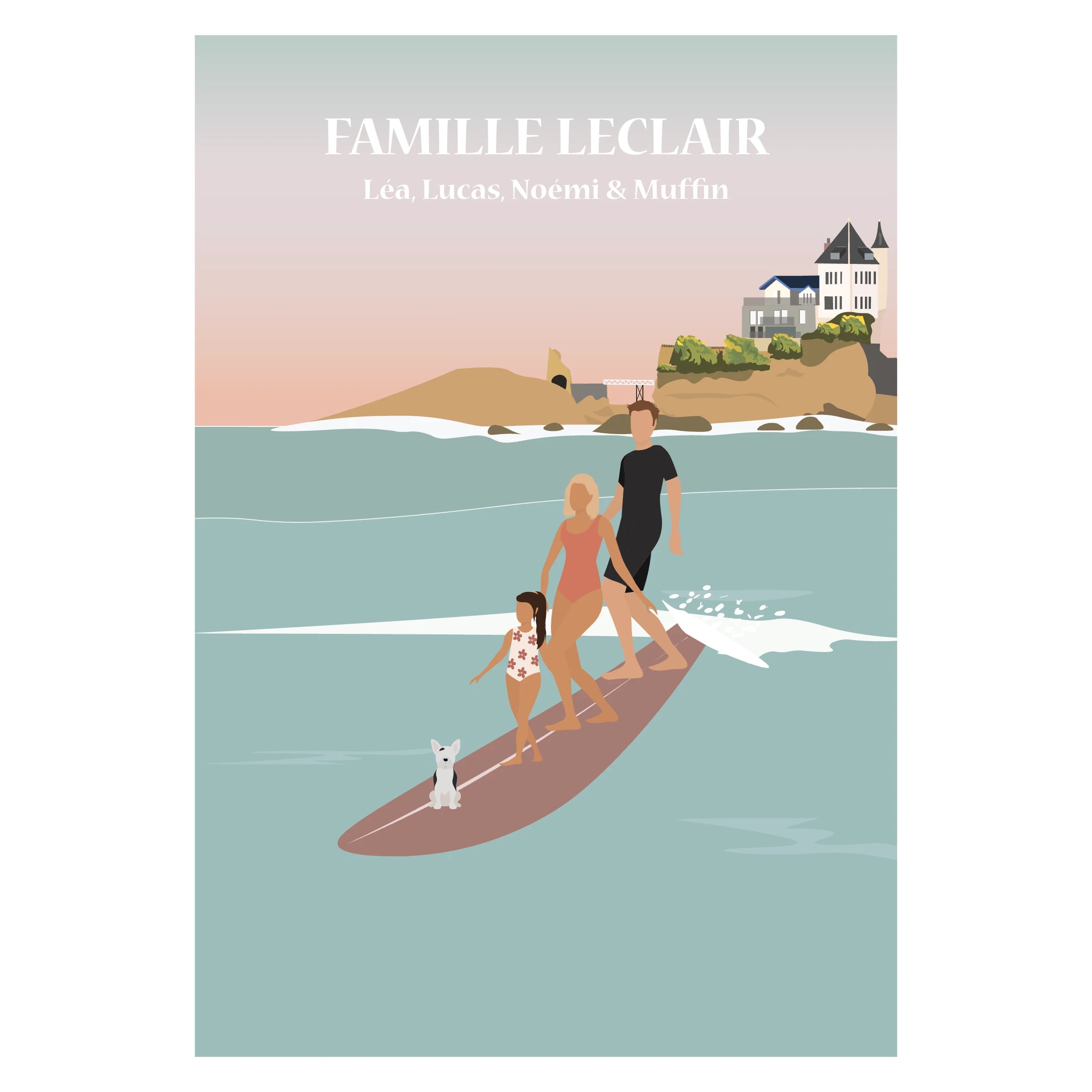 Affiche illustrée d'une famille faisant du tandem Surf. 