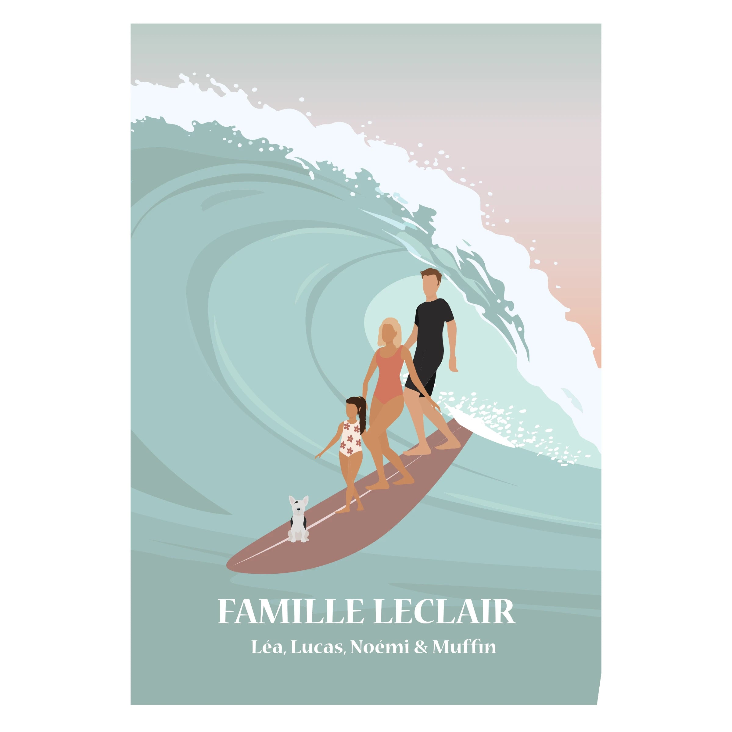 Affiche illustrée d'une famille faisant du tandem Surf. 