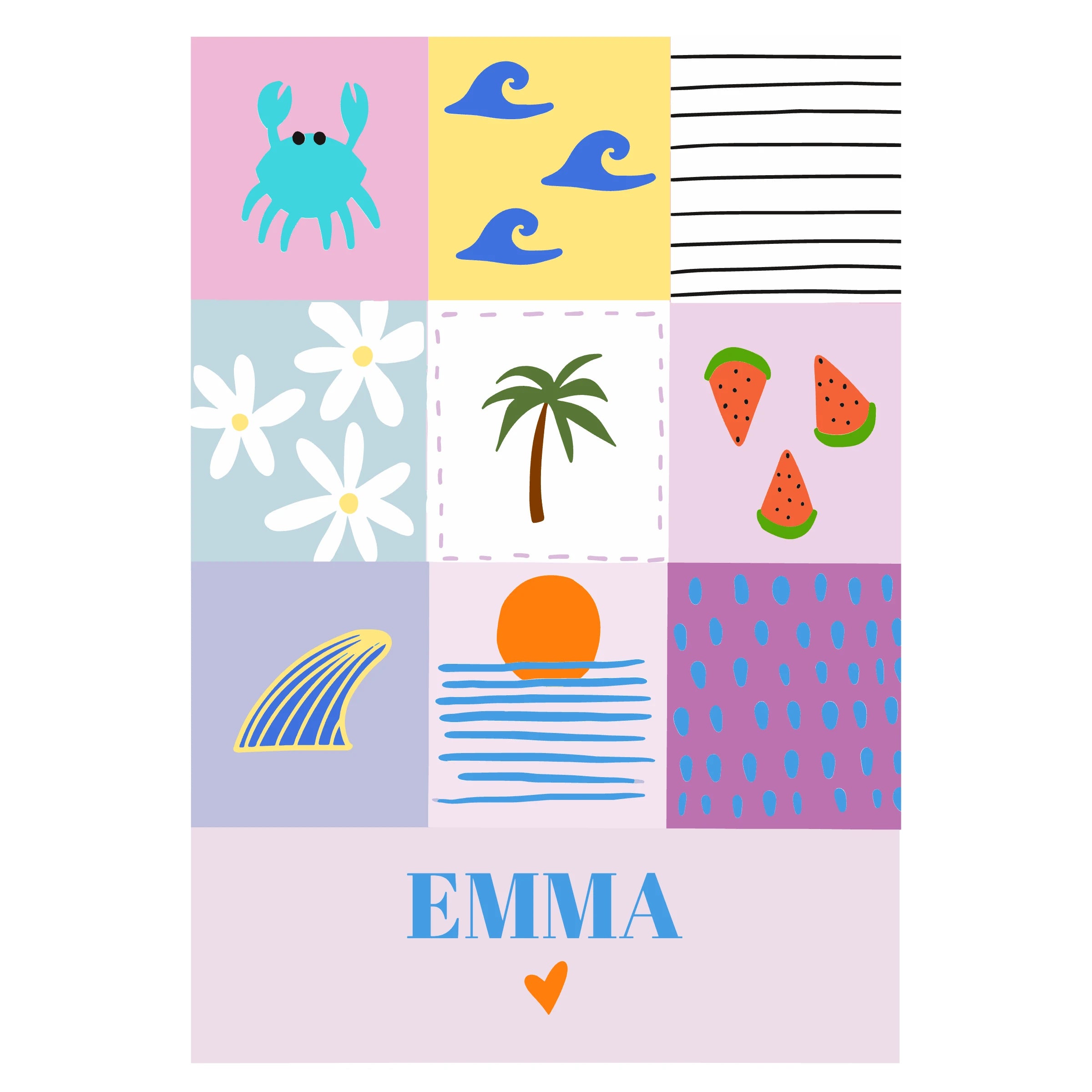 Affiche décorative pour une chambre d’enfant, inspirée de l’été et de l’océan. L’illustration présente une scène douce et lumineuse aux couleurs apaisantes, avec des éléments marins évoquant la plage.