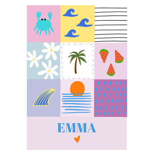 Affiche décorative pour une chambre d’enfant, inspirée de l’été et de l’océan. L’illustration présente une scène douce et lumineuse aux couleurs apaisantes, avec des éléments marins évoquant la plage.