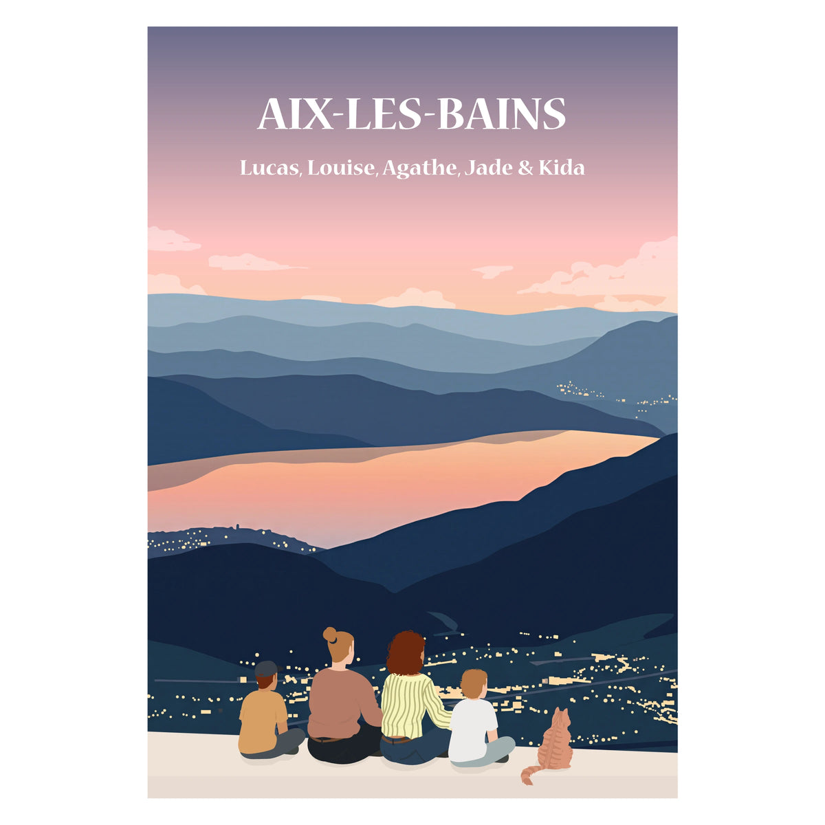 une famille assise sur un banc face à Aix-les-Bains