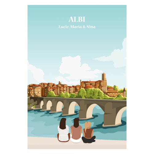 Affiche personnalisée d' Albi avec vue sur le pont et la rivière, illustration chaleureuse et détaillée d’un paysage emblématique.