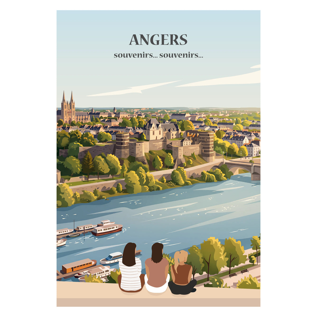 Affiche illustrée et personnalisable représentant une famille face aux monuments et paysages emblématiques d'Angers