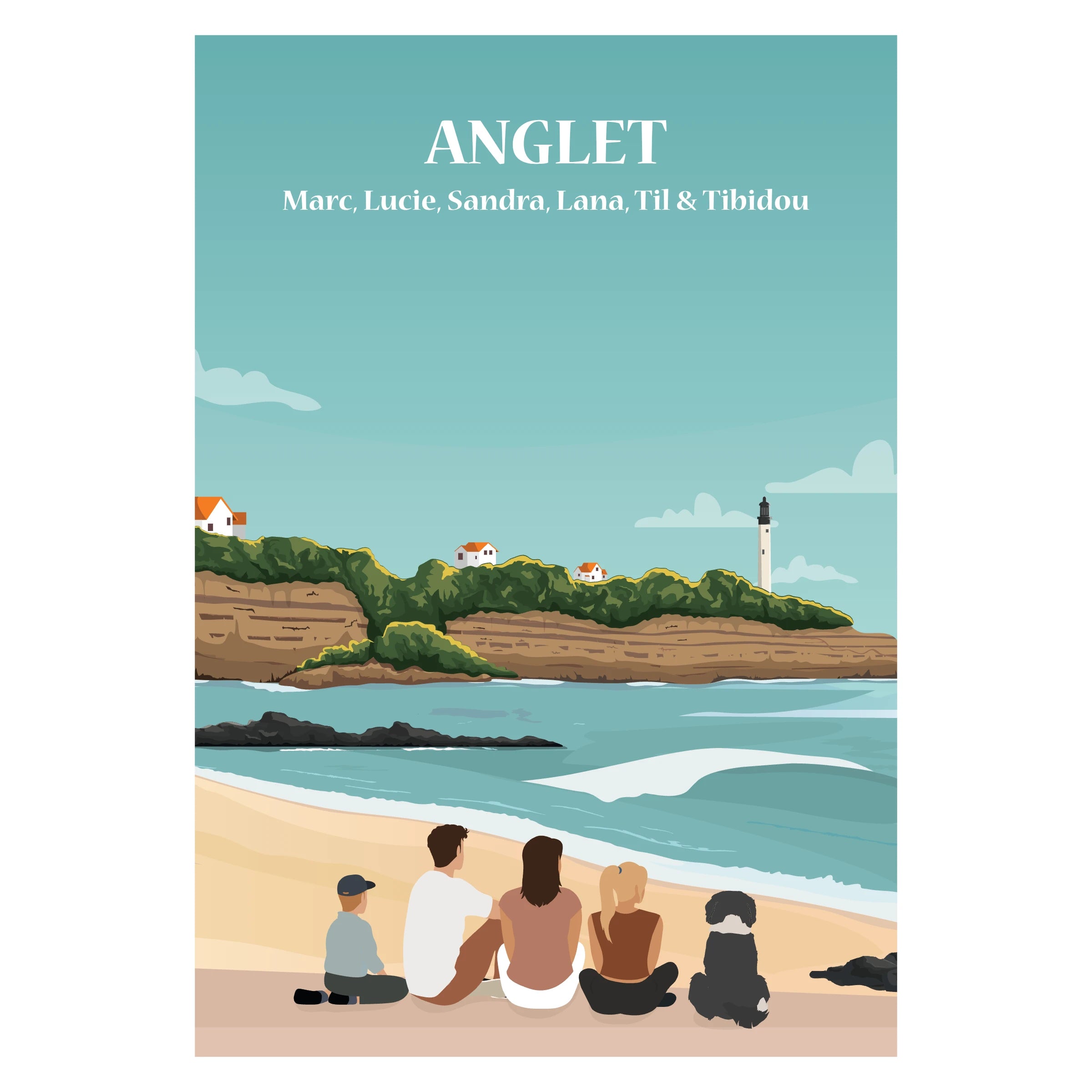 Famille assise de dos face à l’océan à Anglet, une affiche personnalisée.