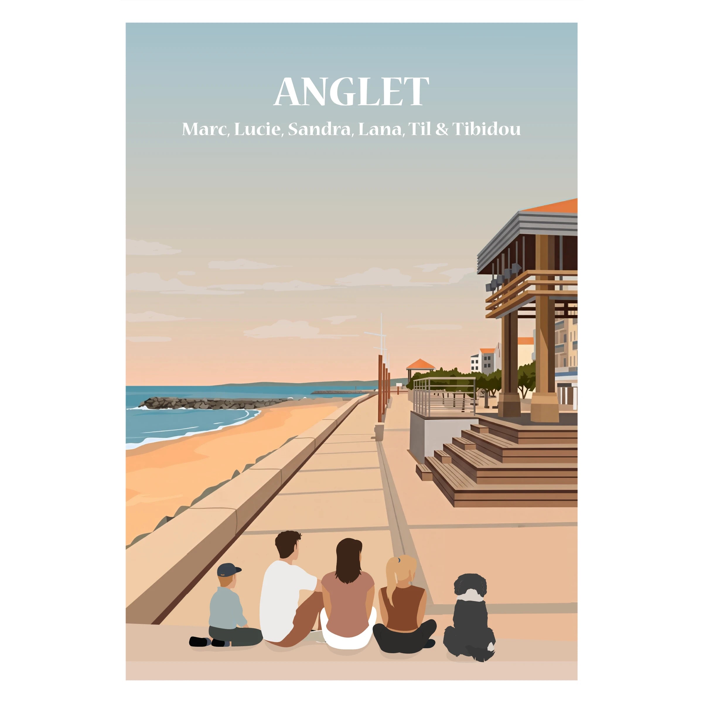 Famille assise de dos face à l’océan à Anglet, une affiche personnalisée.
