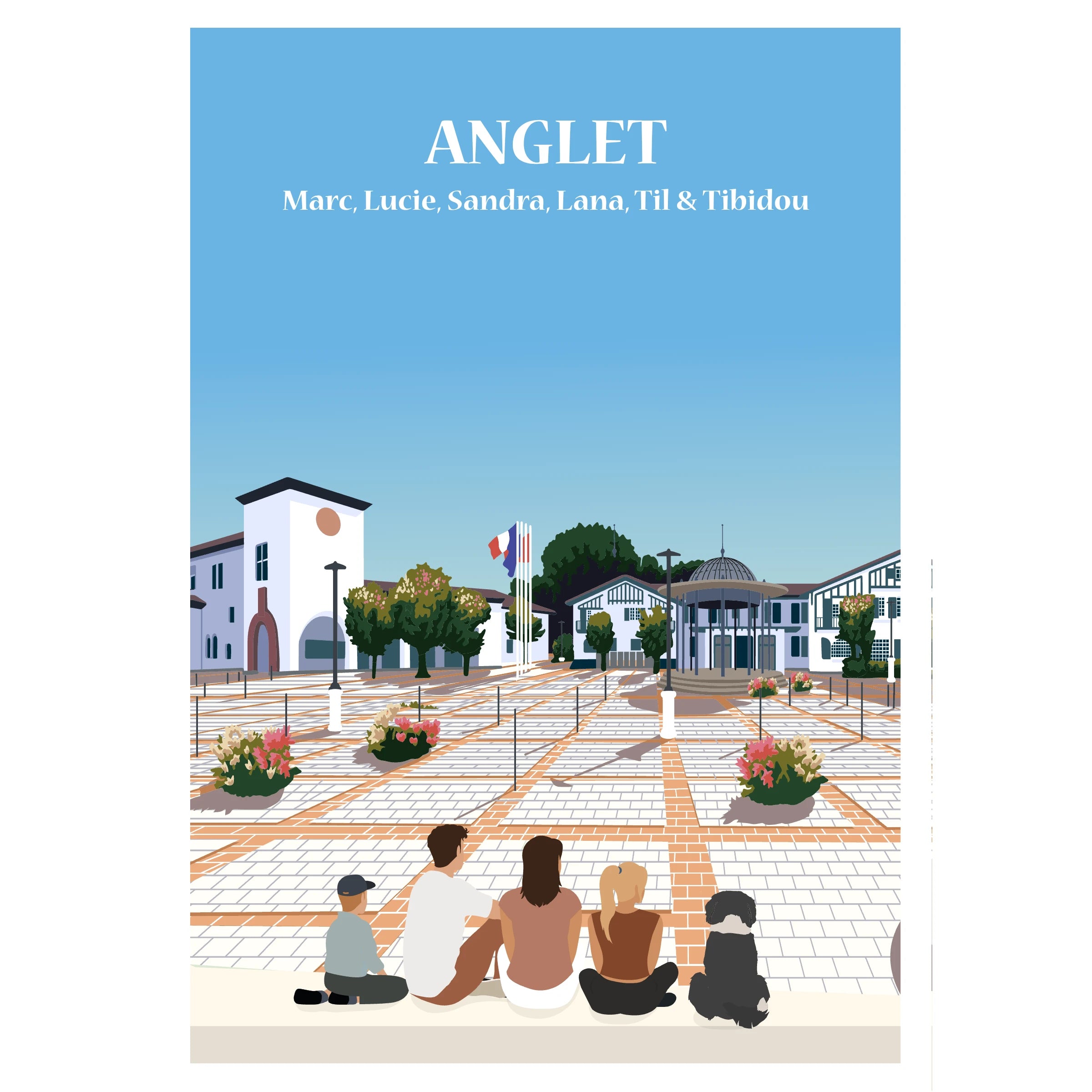 Famille assise de dos face à l’océan à Anglet, une affiche personnalisée.