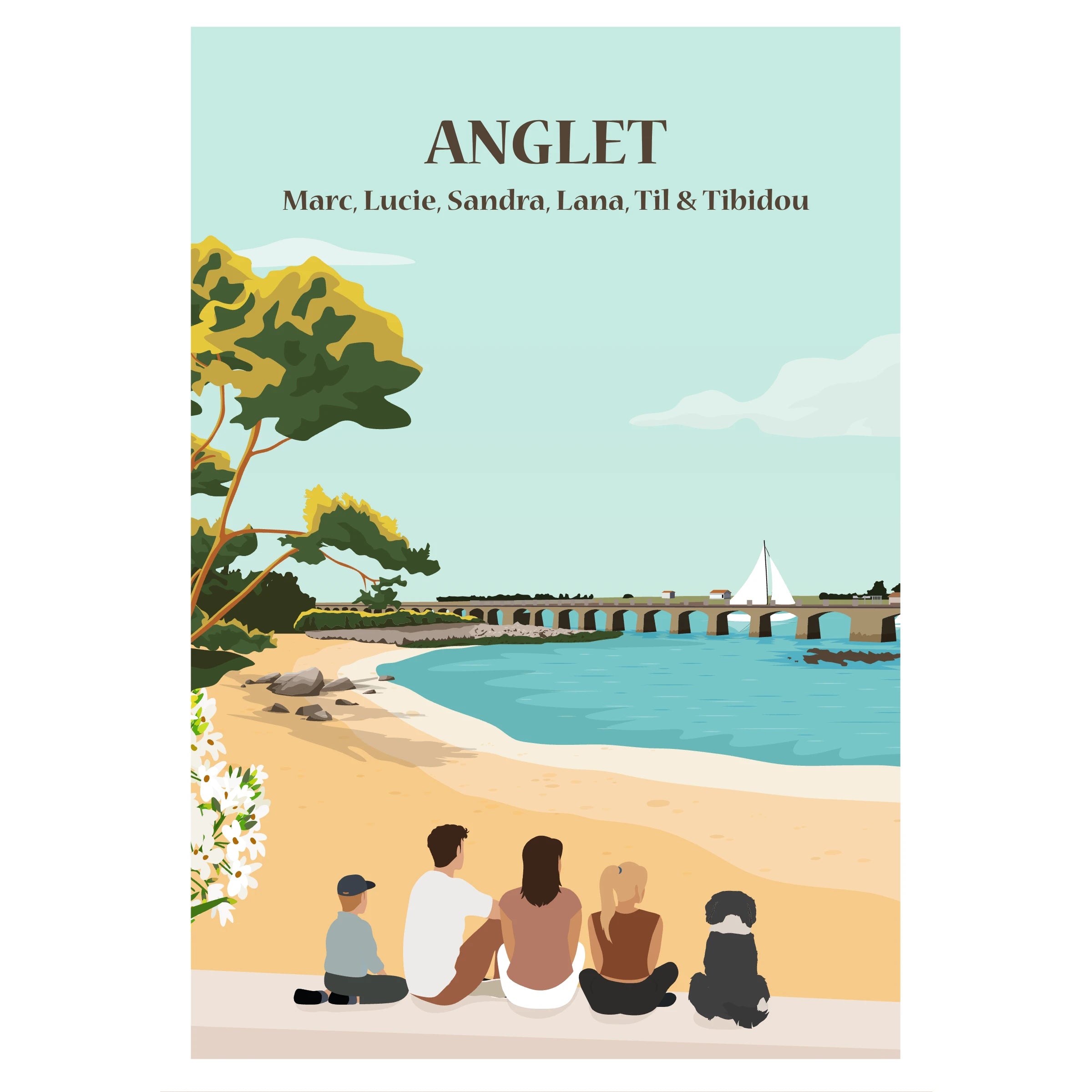Famille assise de dos face à l’océan à Anglet, une affiche personnalisée.